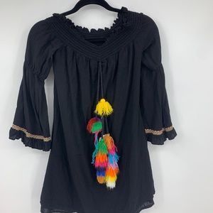 Tea & Cup top small tunic blouse boho pom‎ poms